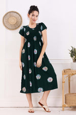 MANGAI Premium Rayon MAXI Frock Smocking Night Gown | Stretchable & Comfort Fit | Fancy Pleated Style with Side Pocket | Round Neck Nightwear for Stylish Women (SRM)