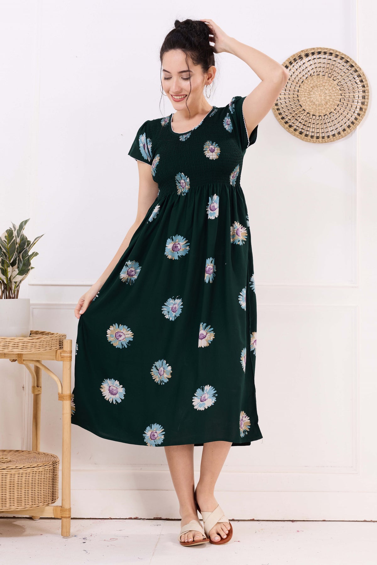 MANGAI Premium Rayon MAXI Frock Smocking Night Gown | Stretchable & Comfort Fit | Fancy Pleated Style with Side Pocket | Round Neck Nightwear for Stylish Women (SRM)