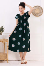 MANGAI Premium Rayon MAXI Frock Smocking Night Gown | Stretchable & Comfort Fit | Fancy Pleated Style with Side Pocket | Round Neck Nightwear for Stylish Women (SRM)