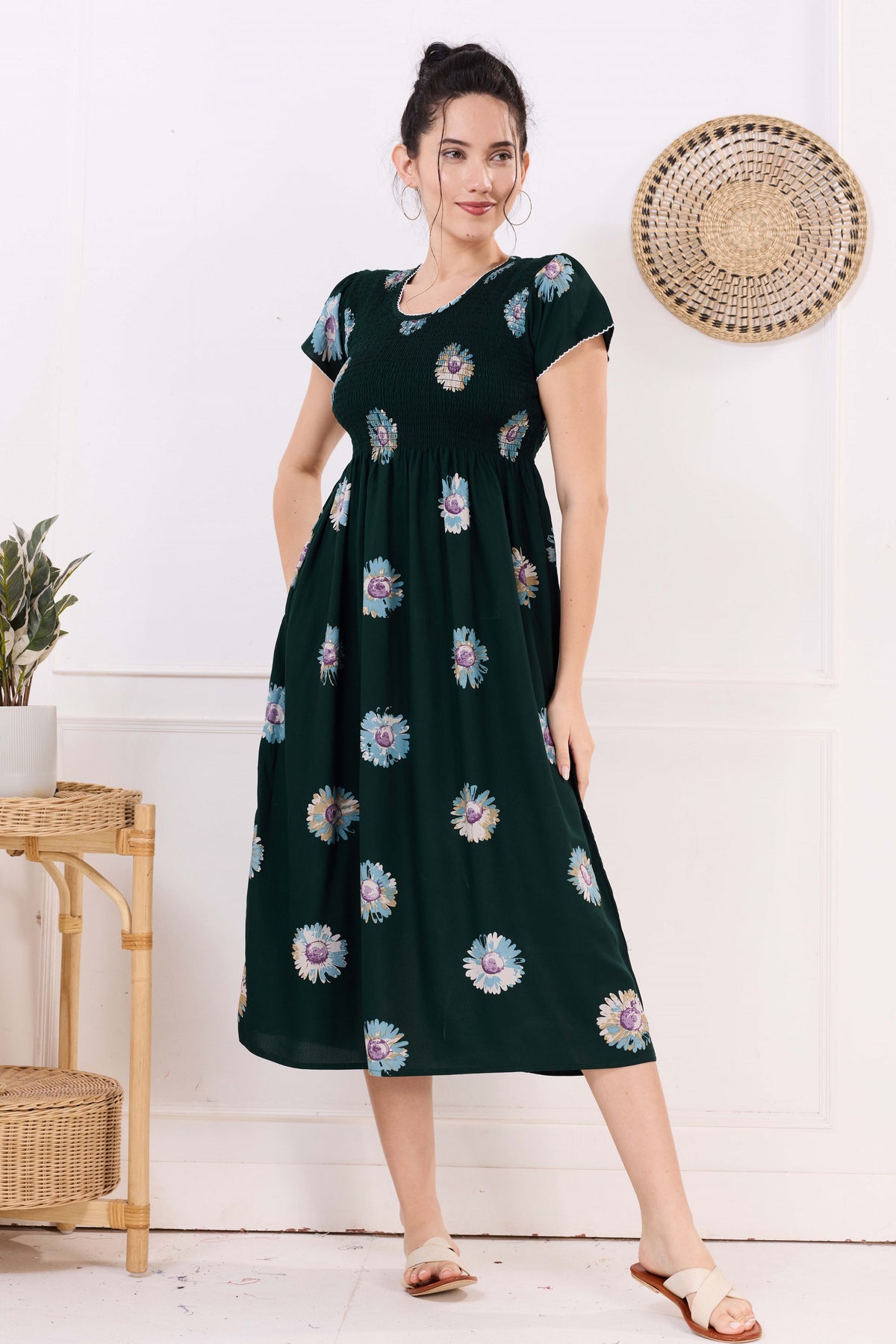 MANGAI Premium Rayon MAXI Frock Smocking Night Gown | Stretchable & Comfort Fit | Fancy Pleated Style with Side Pocket | Round Neck Nightwear for Stylish Women (SRM)