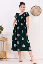 MANGAI Premium Rayon MAXI Frock Smocking Night Gown | Stretchable & Comfort Fit | Fancy Pleated Style with Side Pocket | Round Neck Nightwear for Stylish Women (SRM)