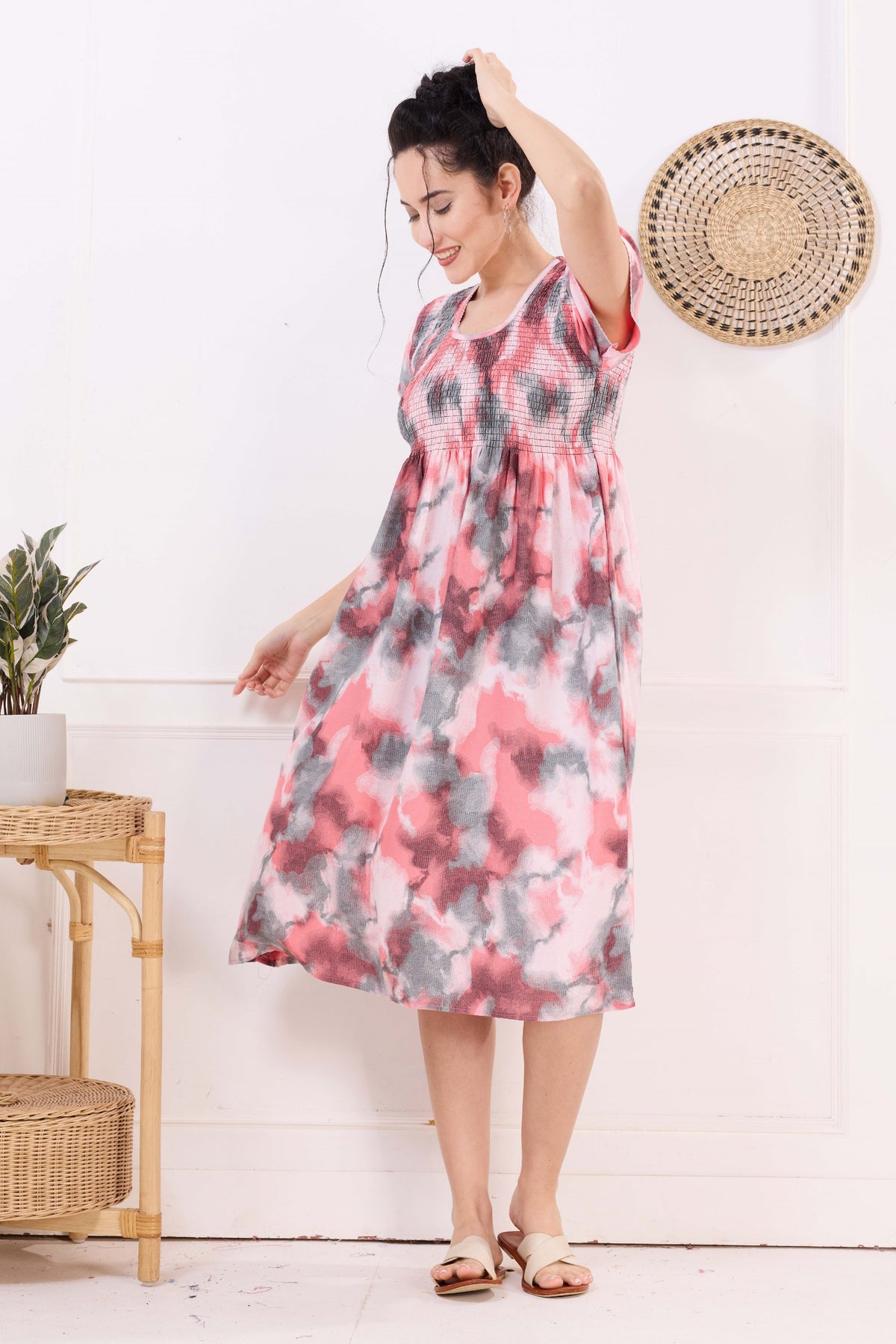 MANGAI Premium Rayon MAXI Frock Smocking Night Gown | Stretchable & Comfort Fit | Fancy Pleated Style with Side Pocket | Round Neck Nightwear for Stylish Women (SRM)