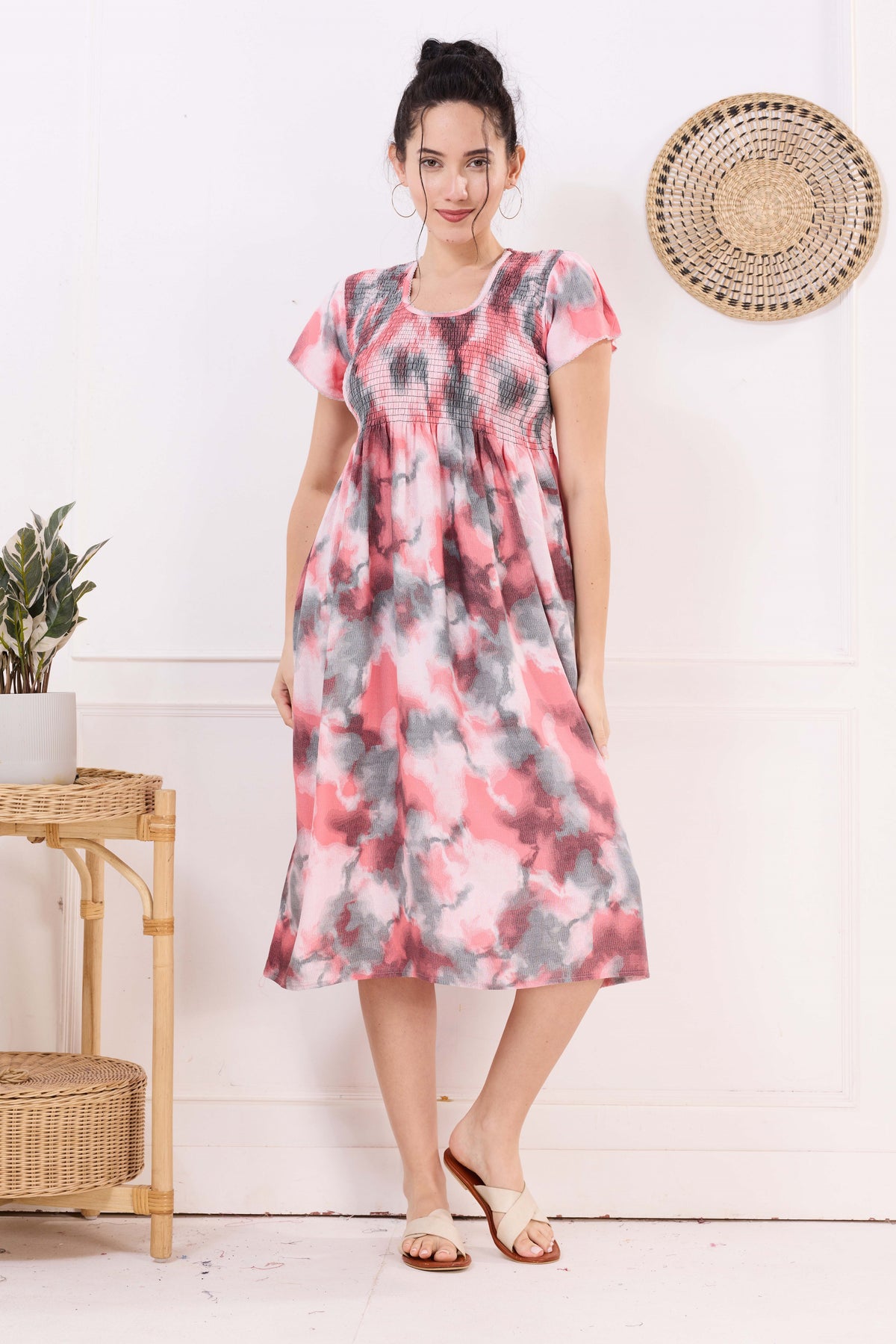 MANGAI Premium Rayon MAXI Frock Smocking Night Gown | Stretchable & Comfort Fit | Fancy Pleated Style with Side Pocket | Round Neck Nightwear for Stylish Women (SRM)