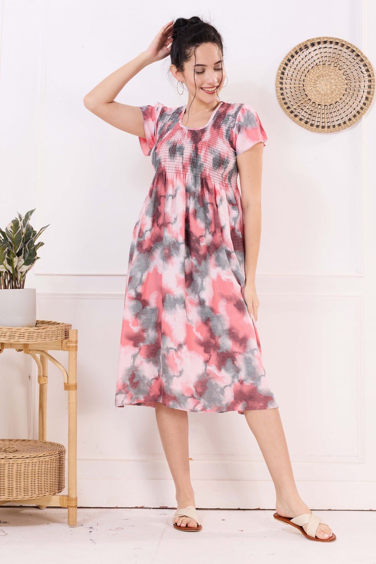 MANGAI Premium Rayon MAXI Frock Smocking Night Gown | Stretchable & Comfort Fit | Fancy Pleated Style with Side Pocket | Round Neck Nightwear for Stylish Women (SRM)