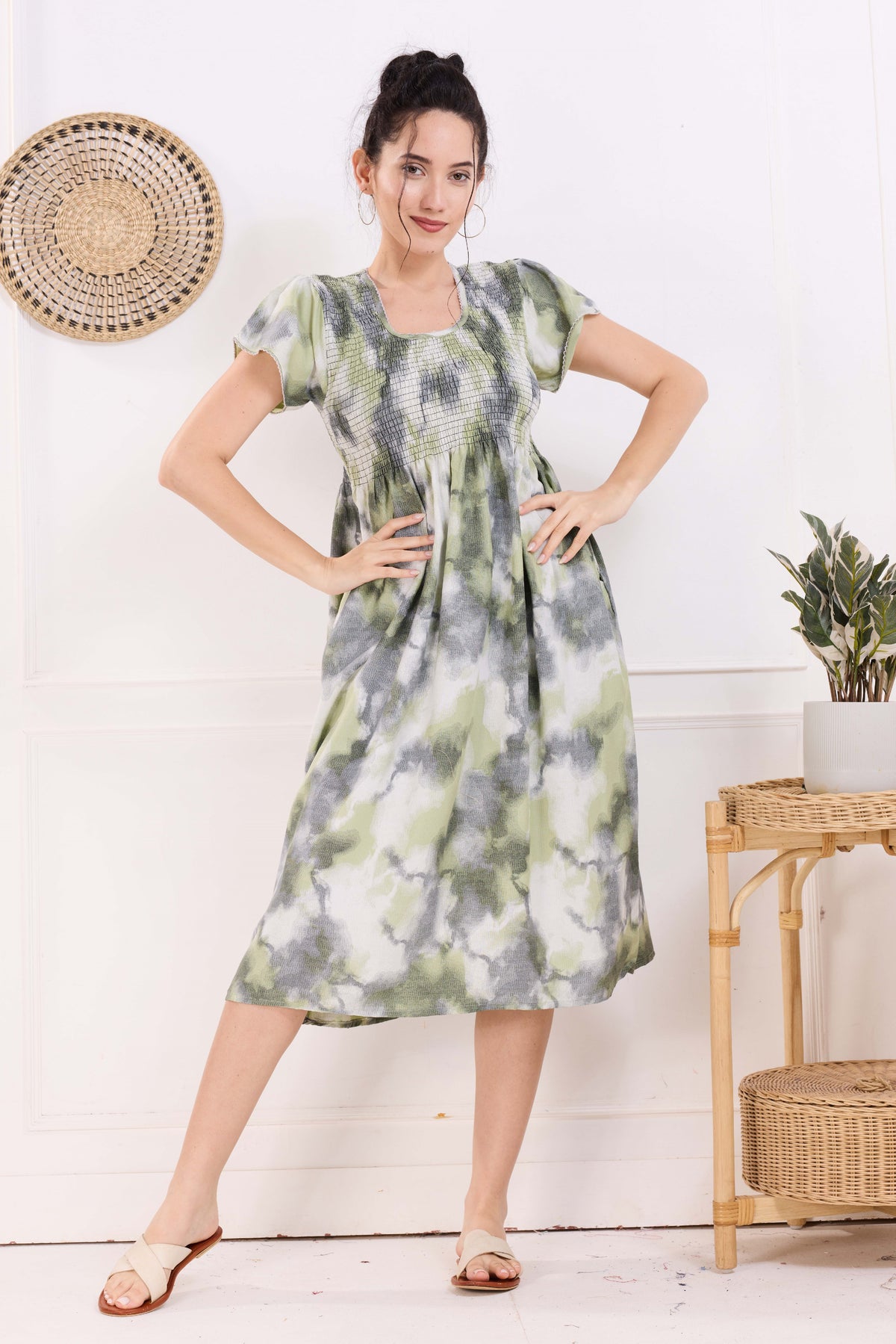 MANGAI Premium Rayon MAXI Frock Smocking Night Gown | Stretchable & Comfort Fit | Fancy Pleated Style with Side Pocket | Round Neck Nightwear for Stylish Women (SRM)