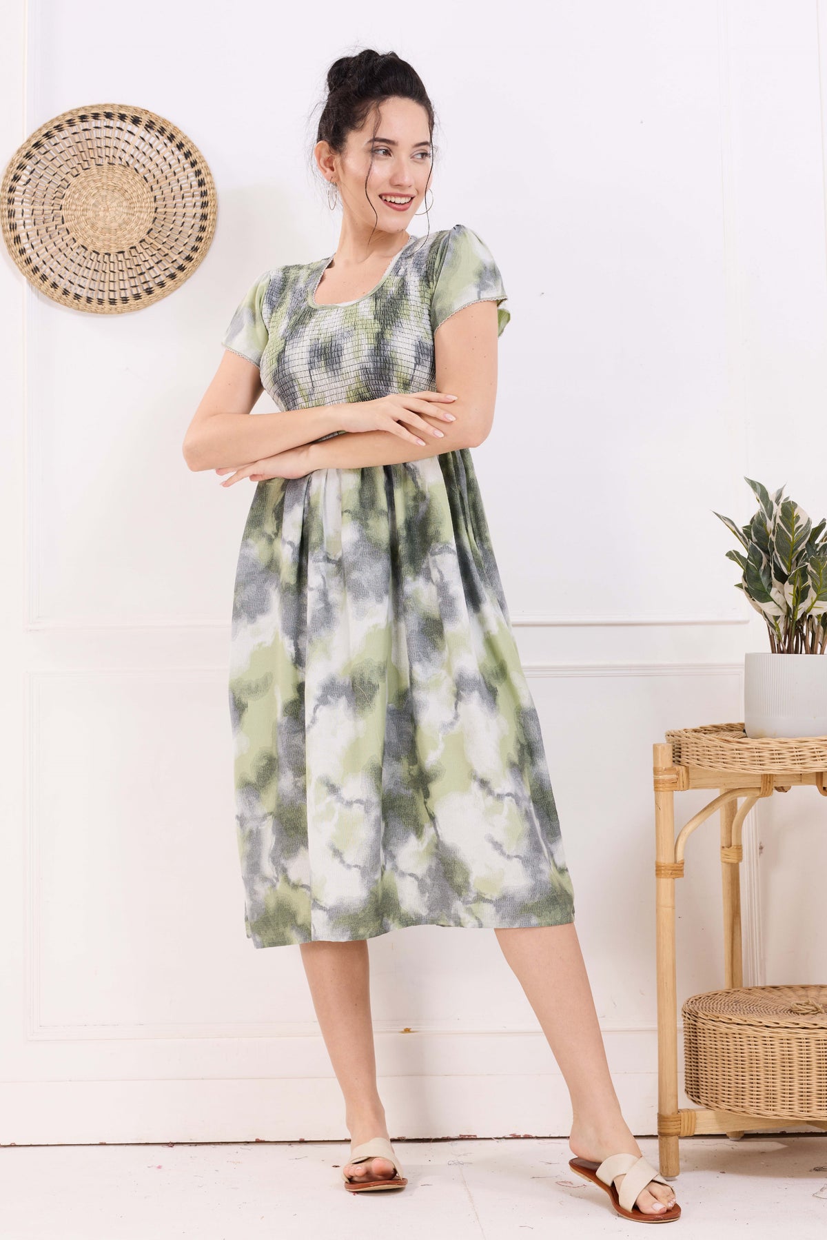 MANGAI Premium Rayon MAXI Frock Smocking Night Gown | Stretchable & Comfort Fit | Fancy Pleated Style with Side Pocket | Round Neck Nightwear for Stylish Women (SRM)