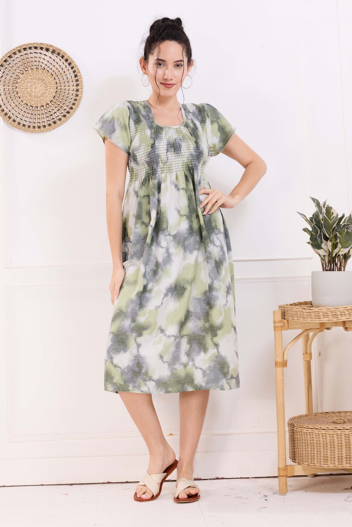 MANGAI Premium Rayon MAXI Frock Smocking Night Gown | Stretchable & Comfort Fit | Fancy Pleated Style with Side Pocket | Round Neck Nightwear for Stylish Women (SRM)