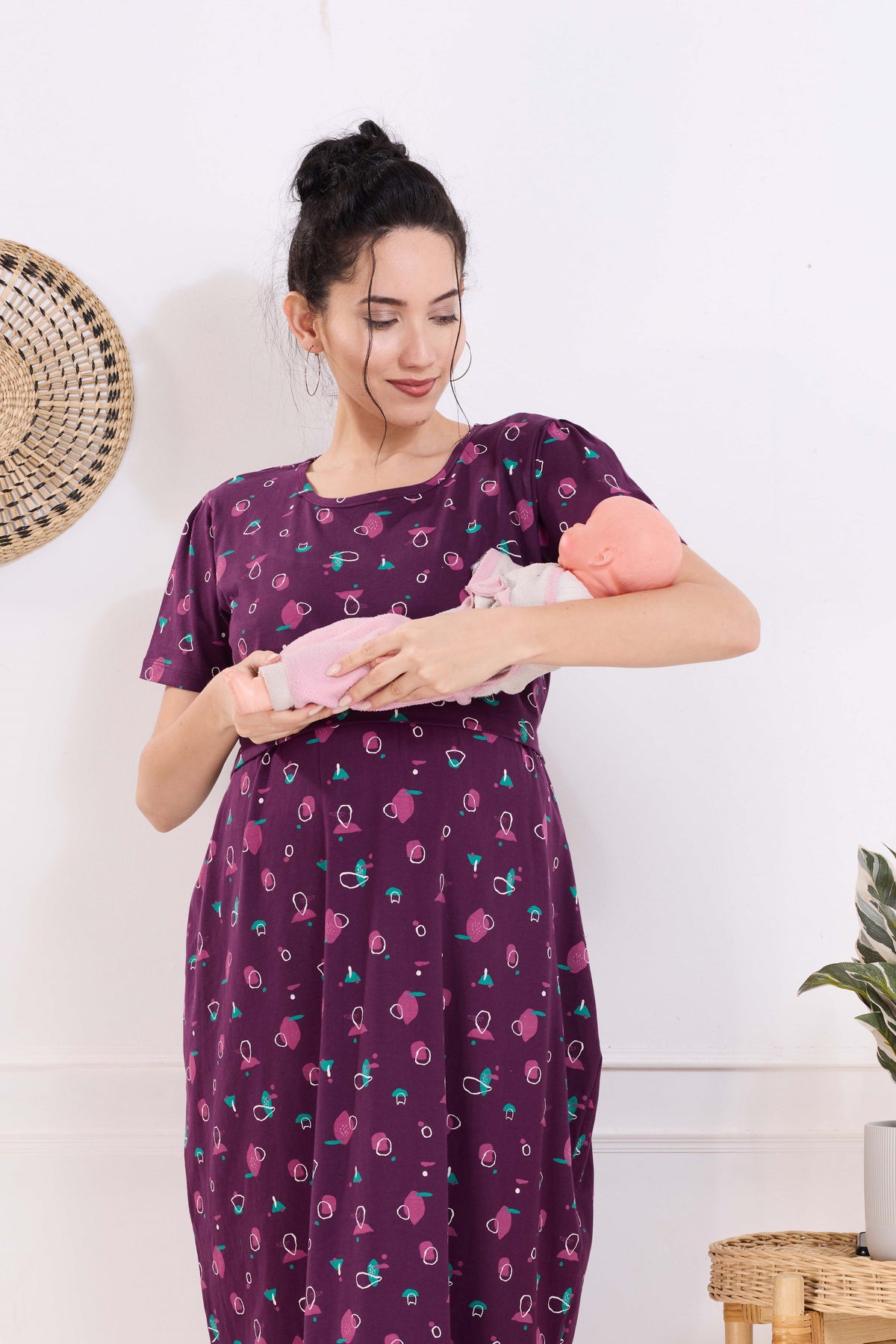 MANGAI HOSIERY Cotton Zipless Feeding Wear | Fancy Sleeve with Round Neck | Flap Open Zipless Feeding wear for Pregnancy Women (MMG)