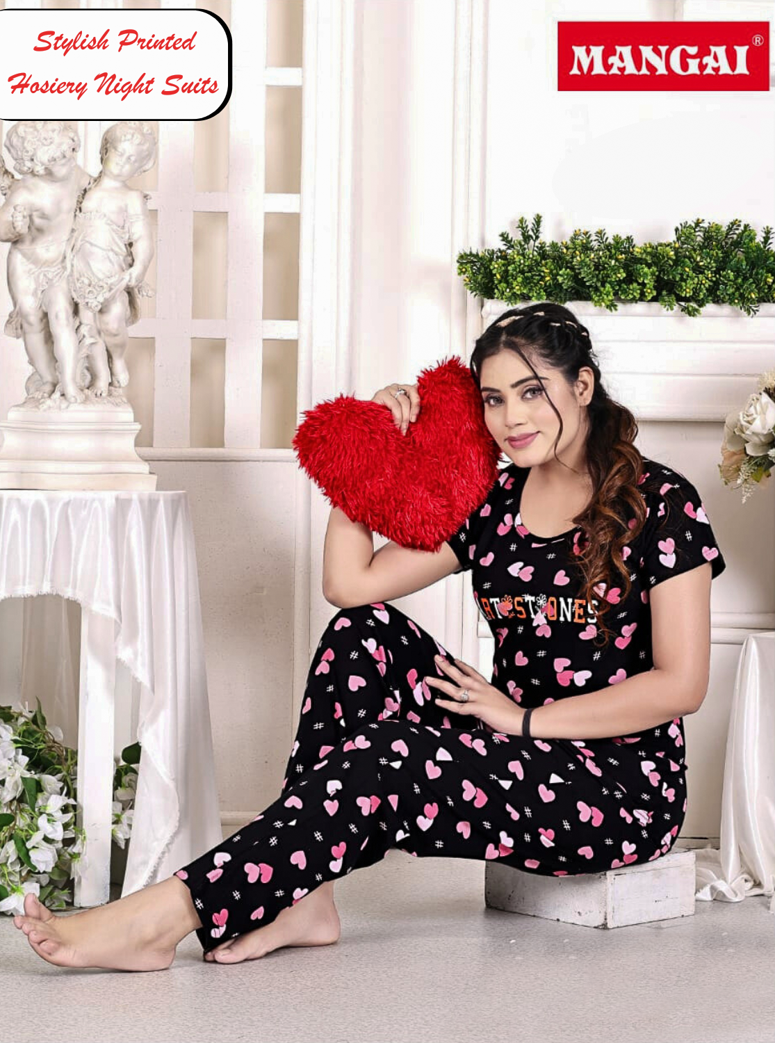 MANGAI Stylish HOSIERY Round Neck Night Suits | Stylish Print's All Over | Top & Bottom Set | Half Sleeve | Trendy Night Suits for Stylish Women's (HRPS)