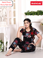 MANGAI Stylish HOSIERY Round Neck Night Suits | Stylish Print's All Over | Top & Bottom Set | Half Sleeve | Trendy Night Suits for Stylish Women's (HRPS)