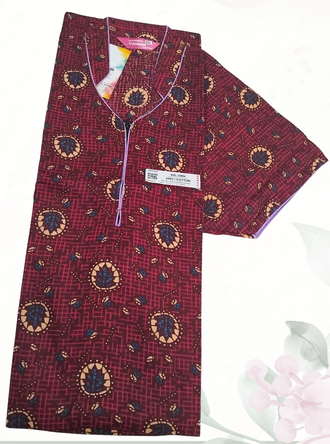 MANGAI Daily Wear Casual Comfort Fit Cotton Printed Nighties | Front open Zipper Model| Slit Open & Neck Collar Comfort Fit Daily Wear Nighties (DRN)