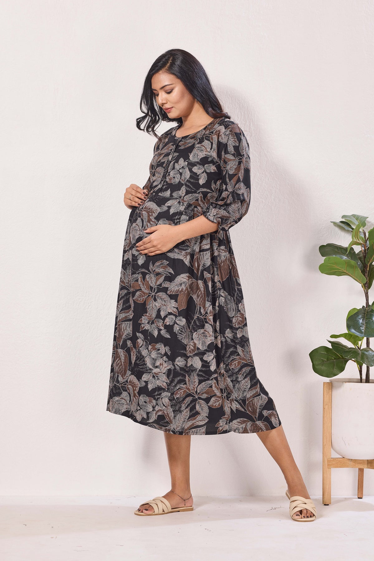 Maternity Arrivals Fancy Mom's Feeding Casual Maxi Wear | Long Elastic Frilled Sleeve | Vertical Feeding Zipper | Comports as Feeding Friendly & Casual wear Rayon MAXI Maternity Frock (ERM)