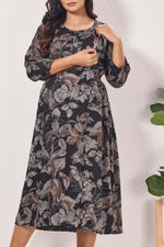 Maternity Arrivals Fancy Mom's Feeding Casual Maxi Wear | Long Elastic Frilled Sleeve | Vertical Feeding Zipper | Comports as Feeding Friendly & Casual wear Rayon MAXI Maternity Frock (ERM)