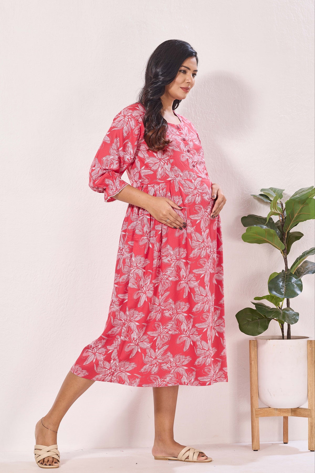 Maternity Arrivals Fancy Mom's Feeding Casual Maxi Wear | Long Elastic Frilled Sleeve | Vertical Feeding Zipper | Comports as Feeding Friendly & Casual wear Rayon MAXI Maternity Frock (ERM)