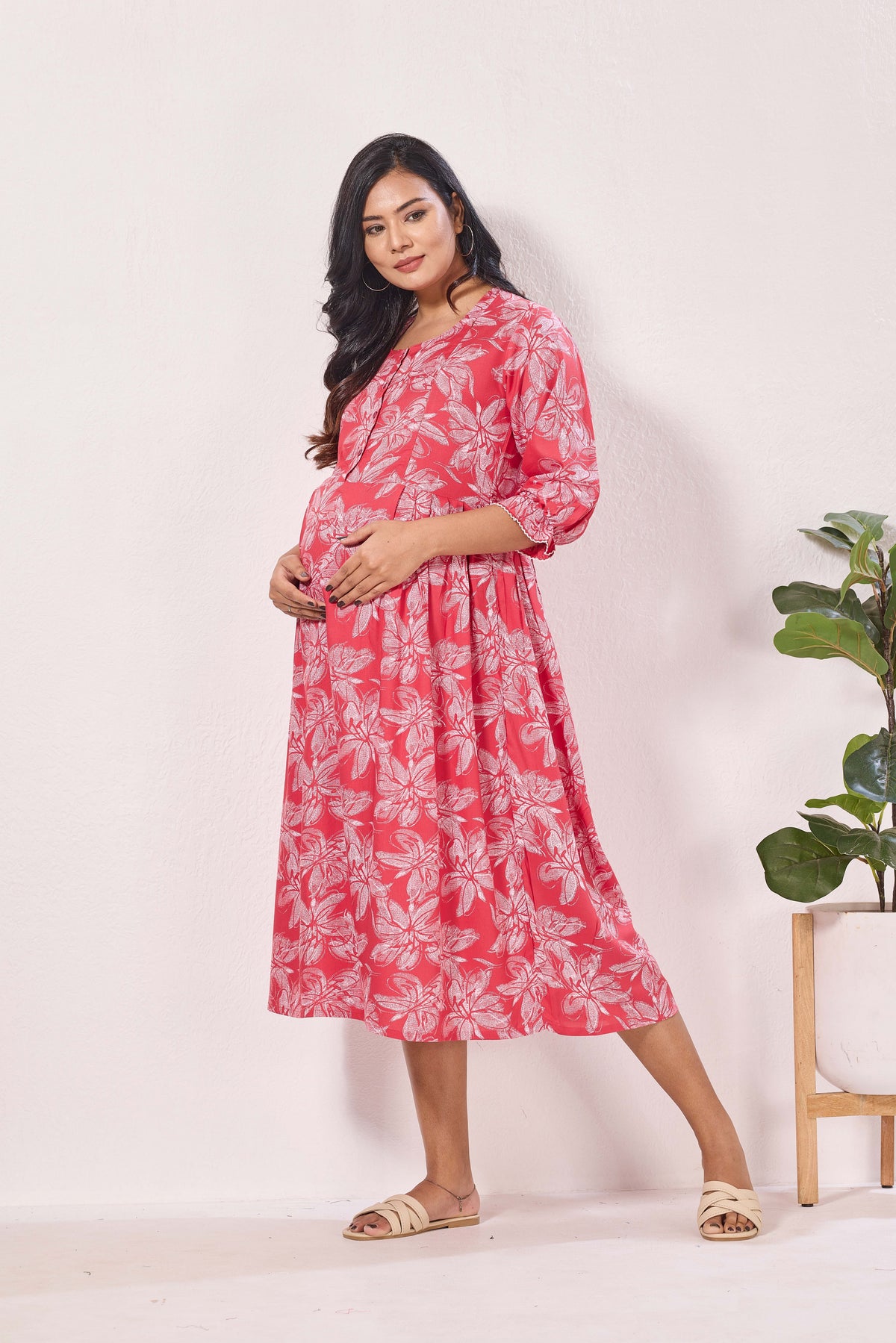 Maternity Arrivals Fancy Mom's Feeding Casual Maxi Wear | Long Elastic Frilled Sleeve | Vertical Feeding Zipper | Comports as Feeding Friendly & Casual wear Rayon MAXI Maternity Frock (ERM)