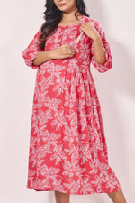 Maternity Arrivals Fancy Mom's Feeding Casual Maxi Wear | Long Elastic Frilled Sleeve | Vertical Feeding Zipper | Comports as Feeding Friendly & Casual wear Rayon MAXI Maternity Frock (ERM)