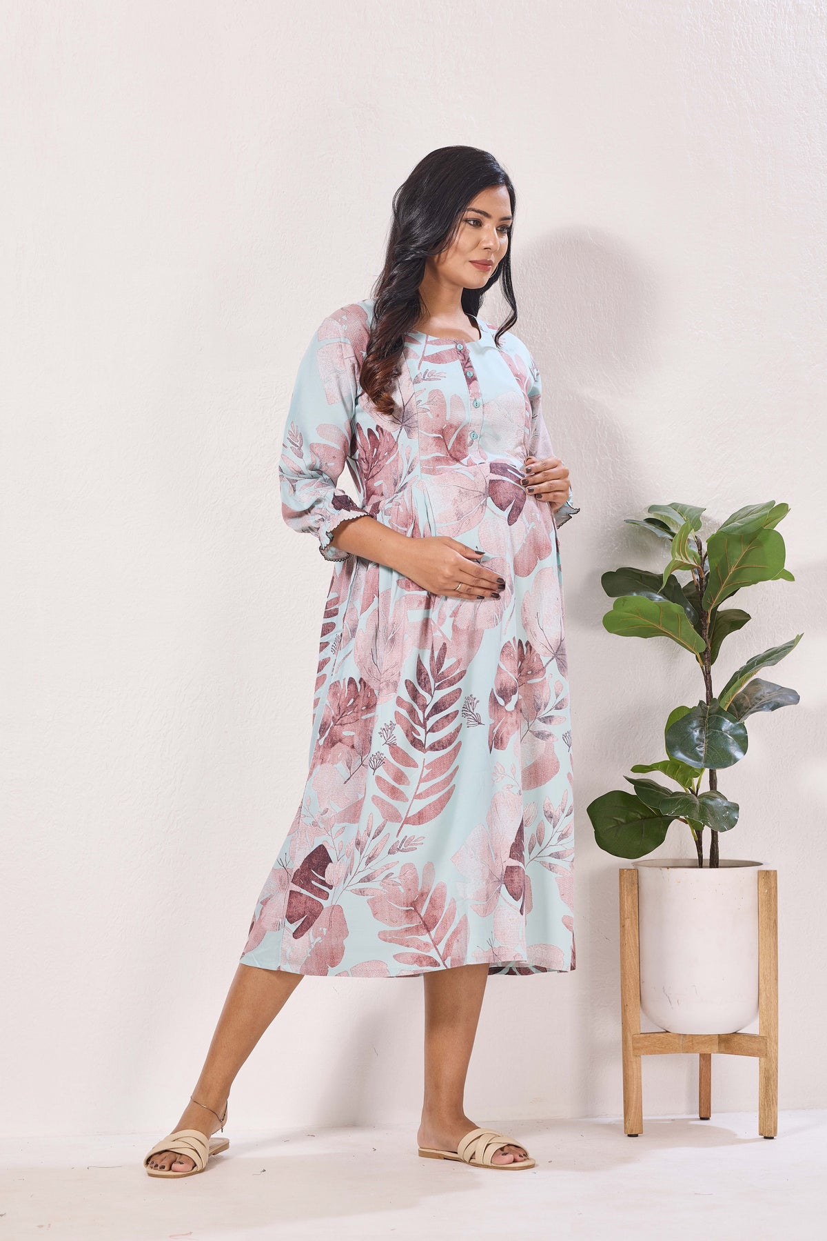 Maternity Arrivals Fancy Mom's Feeding Casual Maxi Wear | Long Elastic Frilled Sleeve | Vertical Feeding Zipper | Comports as Feeding Friendly & Casual wear Rayon MAXI Maternity Frock (ERM)