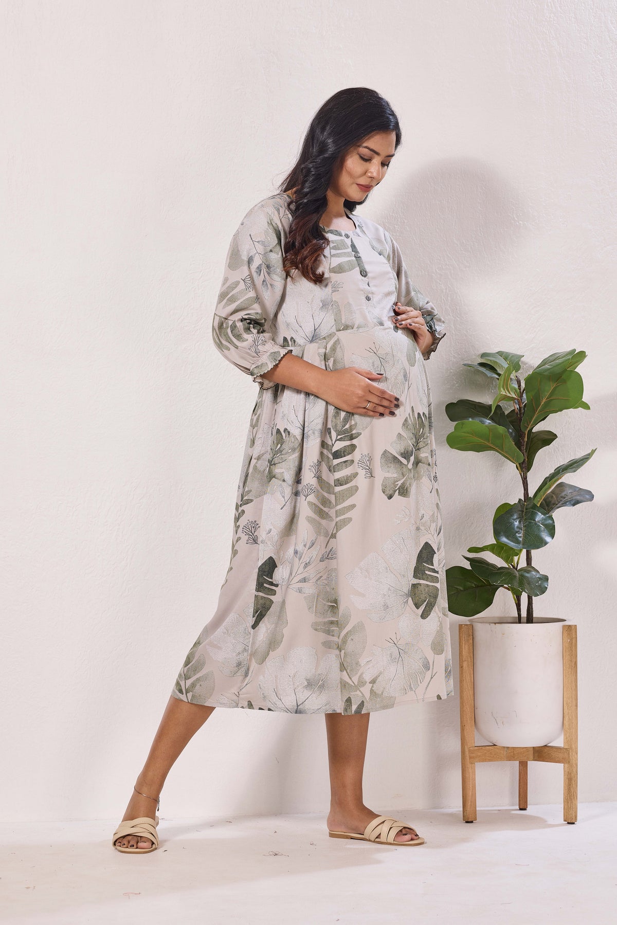 Maternity Arrivals Fancy Mom's Feeding Casual Maxi Wear | Long Elastic Frilled Sleeve | Vertical Feeding Zipper | Comports as Feeding Friendly & Casual wear Rayon MAXI Maternity Frock (ERM)