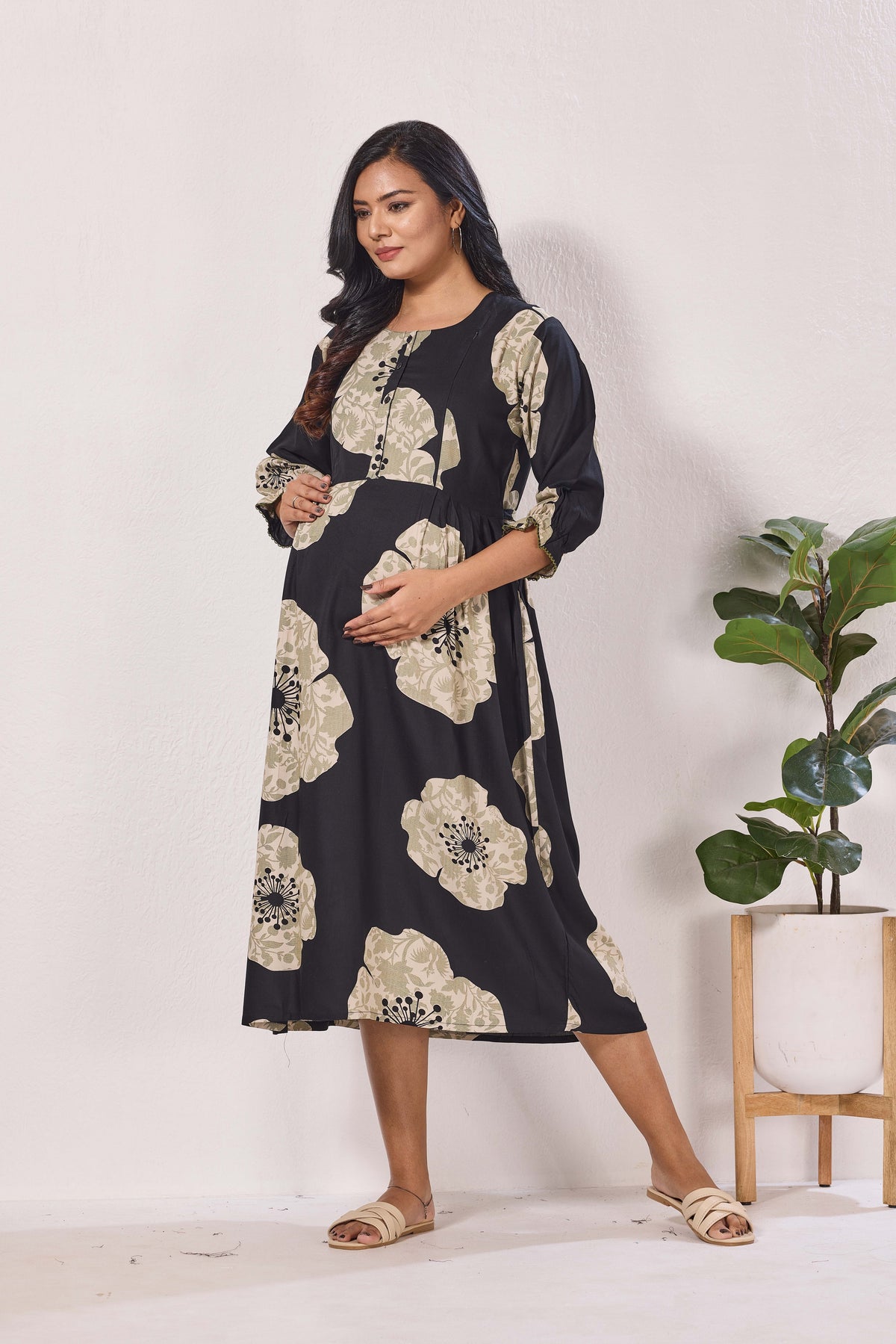 Maternity Arrivals Fancy Mom's Feeding Casual Maxi Wear | Long Elastic Frilled Sleeve | Vertical Feeding Zipper | Comports as Feeding Friendly & Casual wear Rayon MAXI Maternity Frock (ERM)