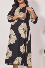 Maternity Arrivals Fancy Mom's Feeding Casual Maxi Wear | Long Elastic Frilled Sleeve | Vertical Feeding Zipper | Comports as Feeding Friendly & Casual wear Rayon MAXI Maternity Frock (ERM)