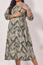 Maternity Arrivals Fancy Mom's Feeding Casual Maxi Wear | Long Elastic Frilled Sleeve | Vertical Feeding Zipper | Comports as Feeding Friendly & Casual wear Rayon MAXI Maternity Frock (ERM)