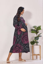 Maternity Arrivals Fancy Mom's Feeding Casual Maxi Wear | Long Elastic Frilled Sleeve | Vertical Feeding Zipper | Comports as Feeding Friendly & Casual wear Rayon MAXI Maternity Frock (ERM)