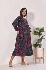 Maternity Arrivals Fancy Mom's Feeding Casual Maxi Wear | Long Elastic Frilled Sleeve | Vertical Feeding Zipper | Comports as Feeding Friendly & Casual wear Rayon MAXI Maternity Frock (ERM)