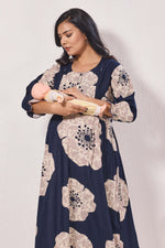 Maternity Arrivals Fancy Mom's Feeding Casual Maxi Wear | Long Elastic Frilled Sleeve | Vertical Feeding Zipper | Comports as Feeding Friendly & Casual wear Rayon MAXI Maternity Frock (ERM)