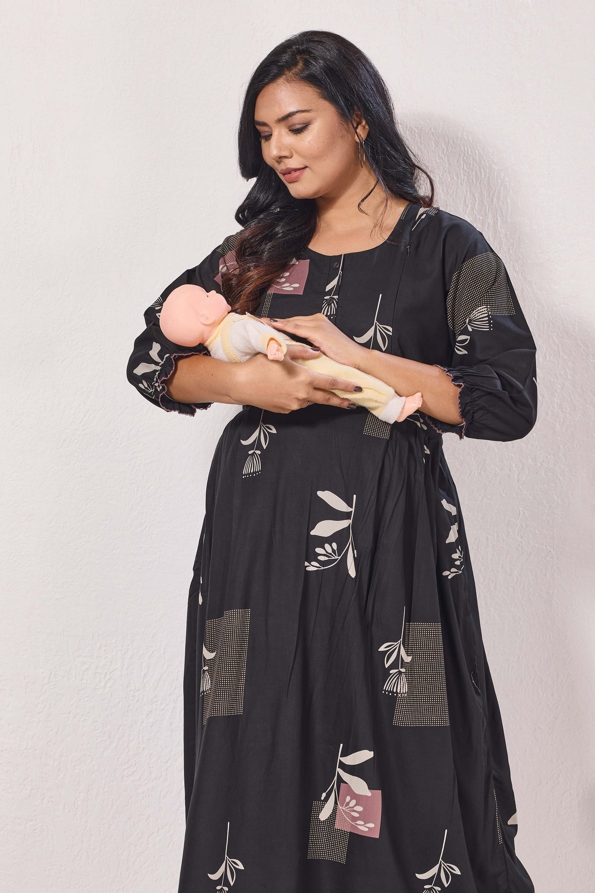 Maternity Arrivals Fancy Mom's Feeding Casual Maxi Wear | Long Elastic Frilled Sleeve | Vertical Feeding Zipper | Comports as Feeding Friendly & Casual wear Rayon MAXI Maternity Frock (ERM)