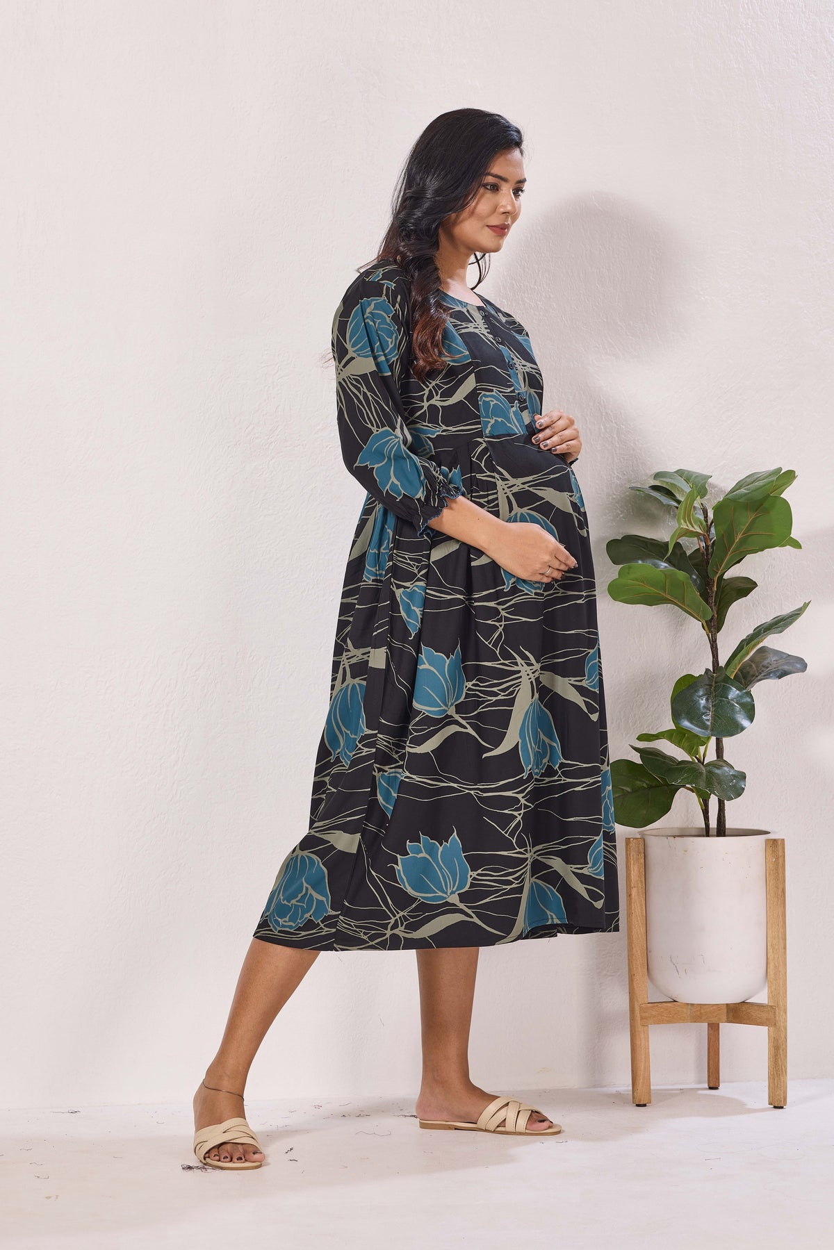 Maternity Arrivals Fancy Mom's Feeding Casual Maxi Wear | Long Elastic Frilled Sleeve | Vertical Feeding Zipper | Comports as Feeding Friendly & Casual wear Rayon MAXI Maternity Frock (ERM)