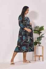 Maternity Arrivals Fancy Mom's Feeding Casual Maxi Wear | Long Elastic Frilled Sleeve | Vertical Feeding Zipper | Comports as Feeding Friendly & Casual wear Rayon MAXI Maternity Frock (ERM)