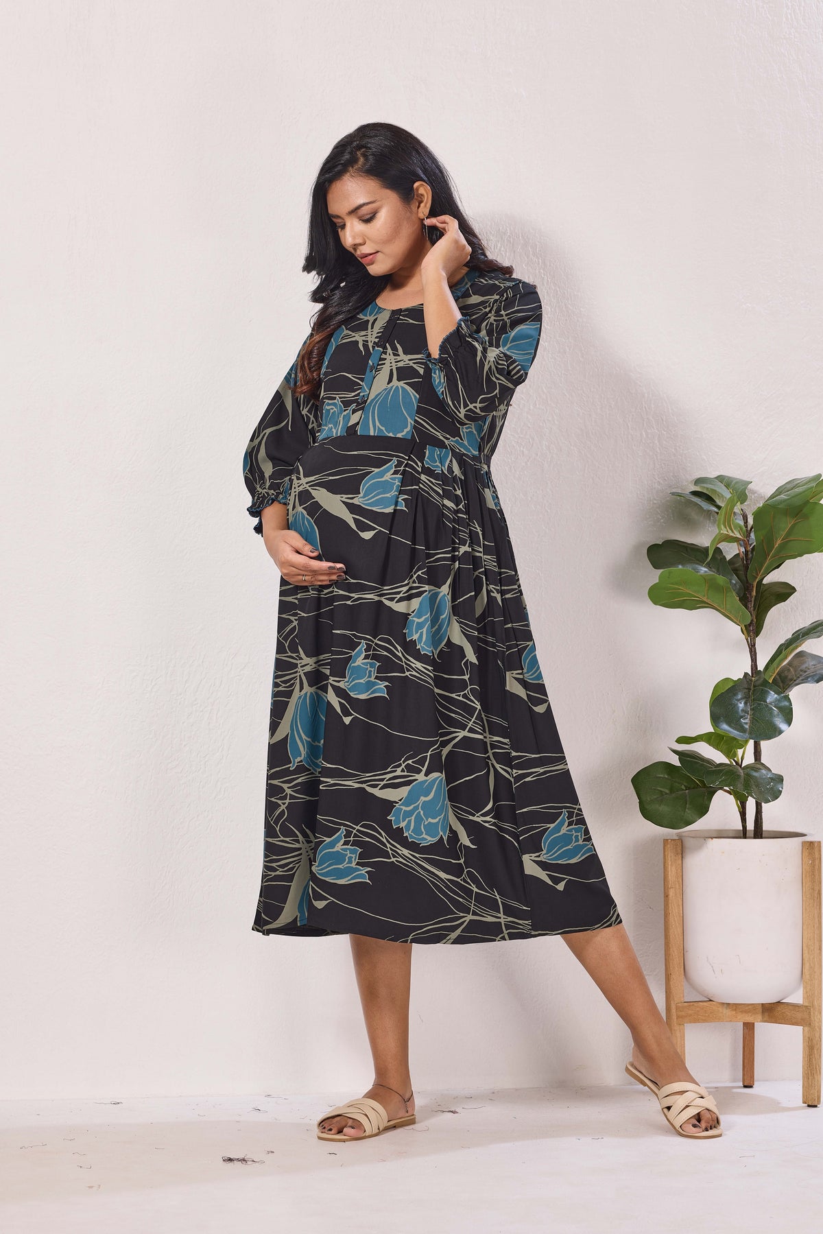 Maternity Arrivals Fancy Mom's Feeding Casual Maxi Wear | Long Elastic Frilled Sleeve | Vertical Feeding Zipper | Comports as Feeding Friendly & Casual wear Rayon MAXI Maternity Frock (ERM)