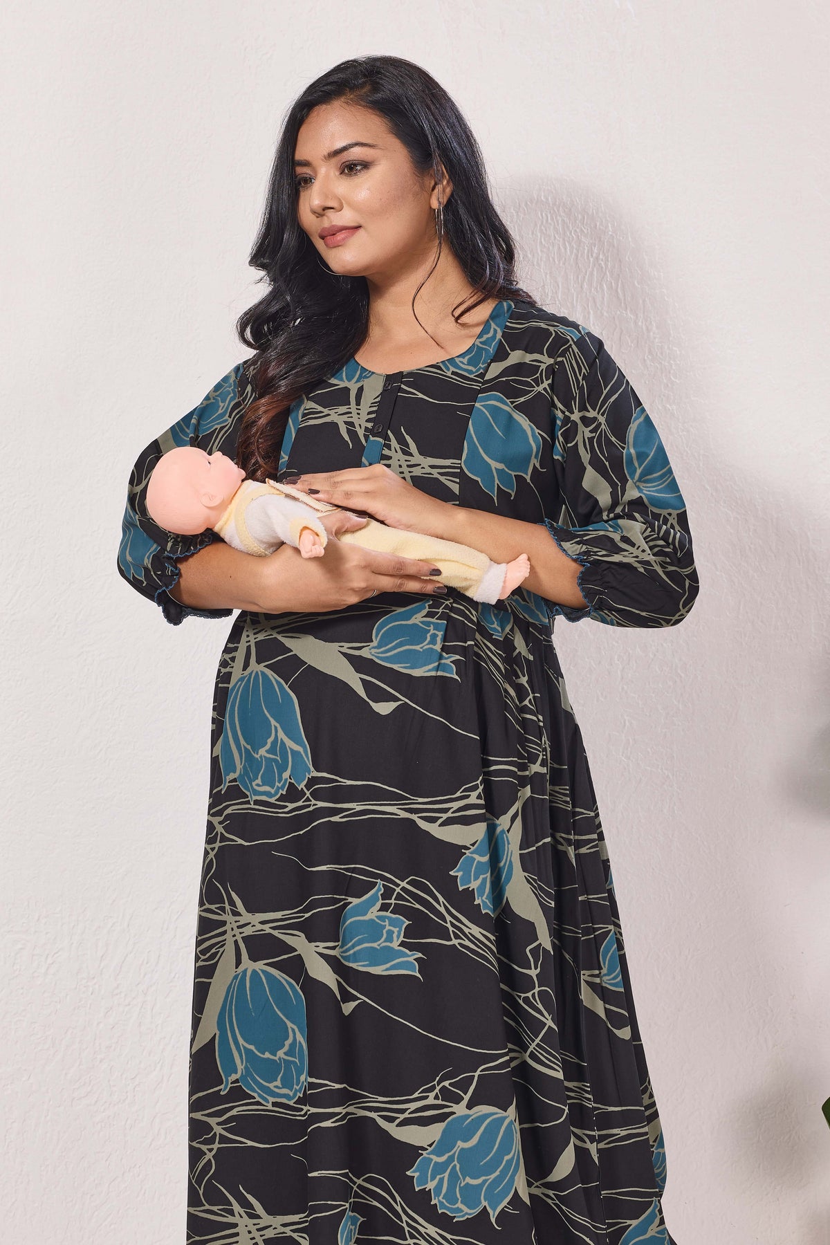 Maternity Arrivals Fancy Mom's Feeding Casual Maxi Wear | Long Elastic Frilled Sleeve | Vertical Feeding Zipper | Comports as Feeding Friendly & Casual wear Rayon MAXI Maternity Frock (ERM)