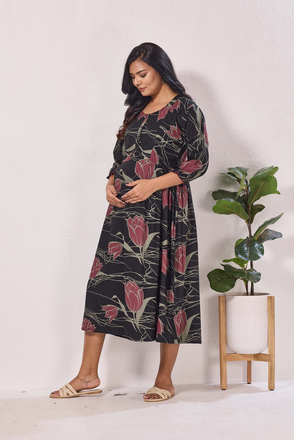 Maternity Arrivals Fancy Mom's Feeding Casual Maxi Wear | Long Elastic Frilled Sleeve | Vertical Feeding Zipper | Comports as Feeding Friendly & Casual wear Rayon MAXI Maternity Frock (ERM)