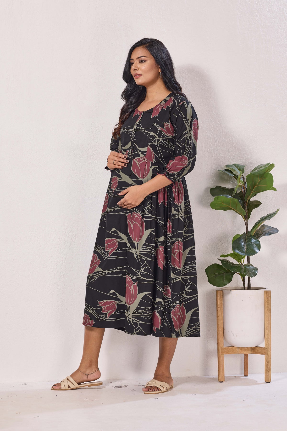 Maternity Arrivals Fancy Mom's Feeding Casual Maxi Wear | Long Elastic Frilled Sleeve | Vertical Feeding Zipper | Comports as Feeding Friendly & Casual wear Rayon MAXI Maternity Frock (ERM)