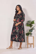 Maternity Arrivals Fancy Mom's Feeding Casual Maxi Wear | Long Elastic Frilled Sleeve | Vertical Feeding Zipper | Comports as Feeding Friendly & Casual wear Rayon MAXI Maternity Frock (ERM)