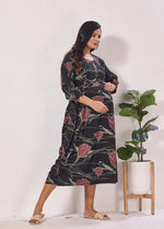 Maternity Arrivals Fancy Mom's Feeding Casual Maxi Wear | Long Elastic Frilled Sleeve | Vertical Feeding Zipper | Comports as Feeding Friendly & Casual wear Rayon MAXI Maternity Frock (ERM)