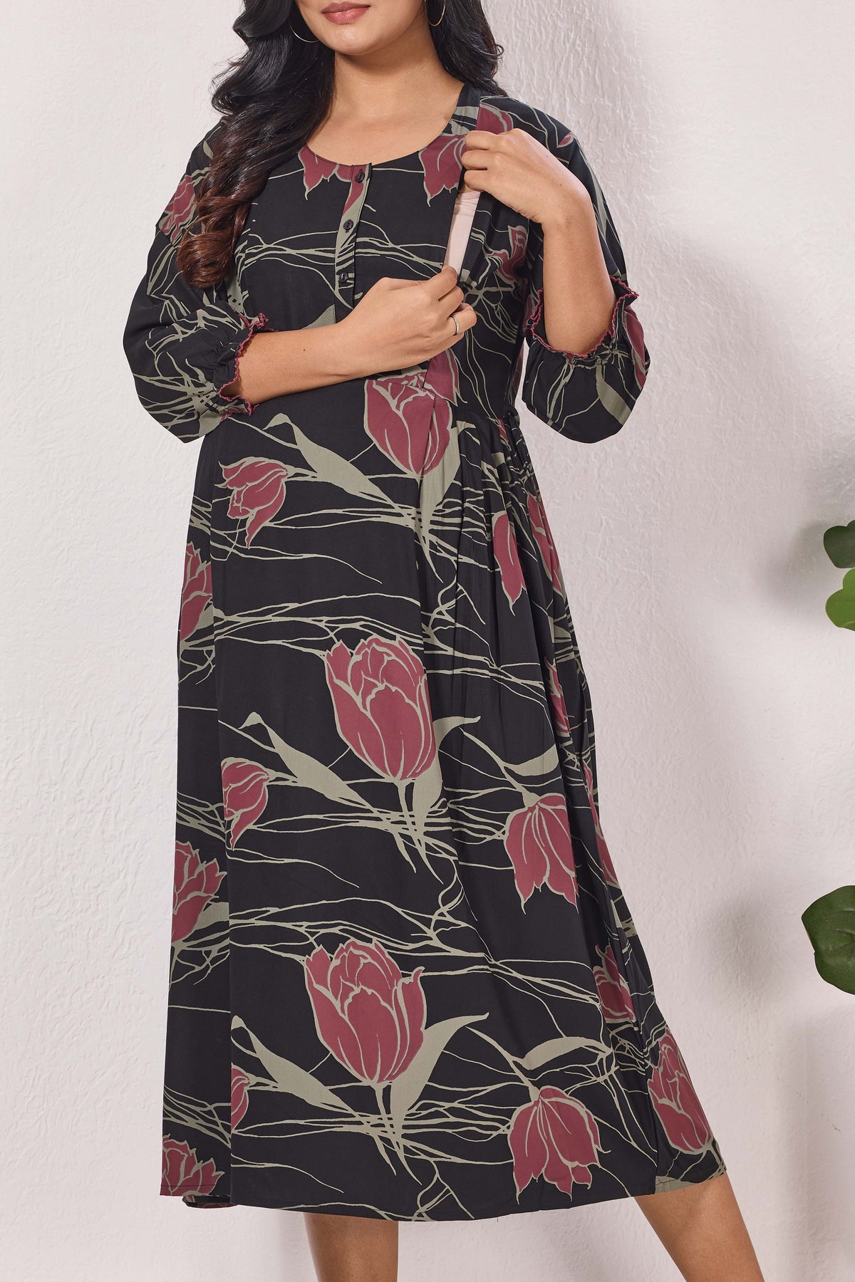Maternity Arrivals Fancy Mom's Feeding Casual Maxi Wear | Long Elastic Frilled Sleeve | Vertical Feeding Zipper | Comports as Feeding Friendly & Casual wear Rayon MAXI Maternity Frock (ERM)