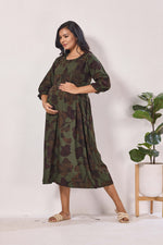 Maternity Arrivals Fancy Mom's Feeding Casual Maxi Wear | Long Elastic Frilled Sleeve | Vertical Feeding Zipper | Comports as Feeding Friendly & Casual wear Rayon MAXI Maternity Frock (ERM)
