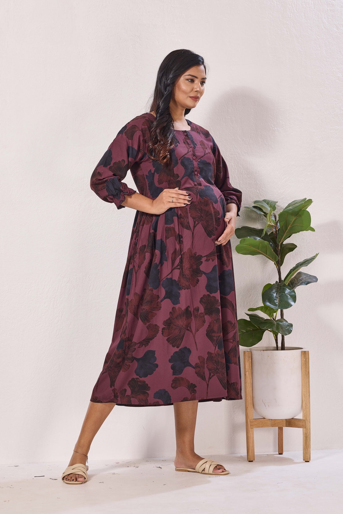 Maternity Arrivals Fancy Mom's Feeding Casual Maxi Wear | Long Elastic Frilled Sleeve | Vertical Feeding Zipper | Comports as Feeding Friendly & Casual wear Rayon MAXI Maternity Frock (ERM)