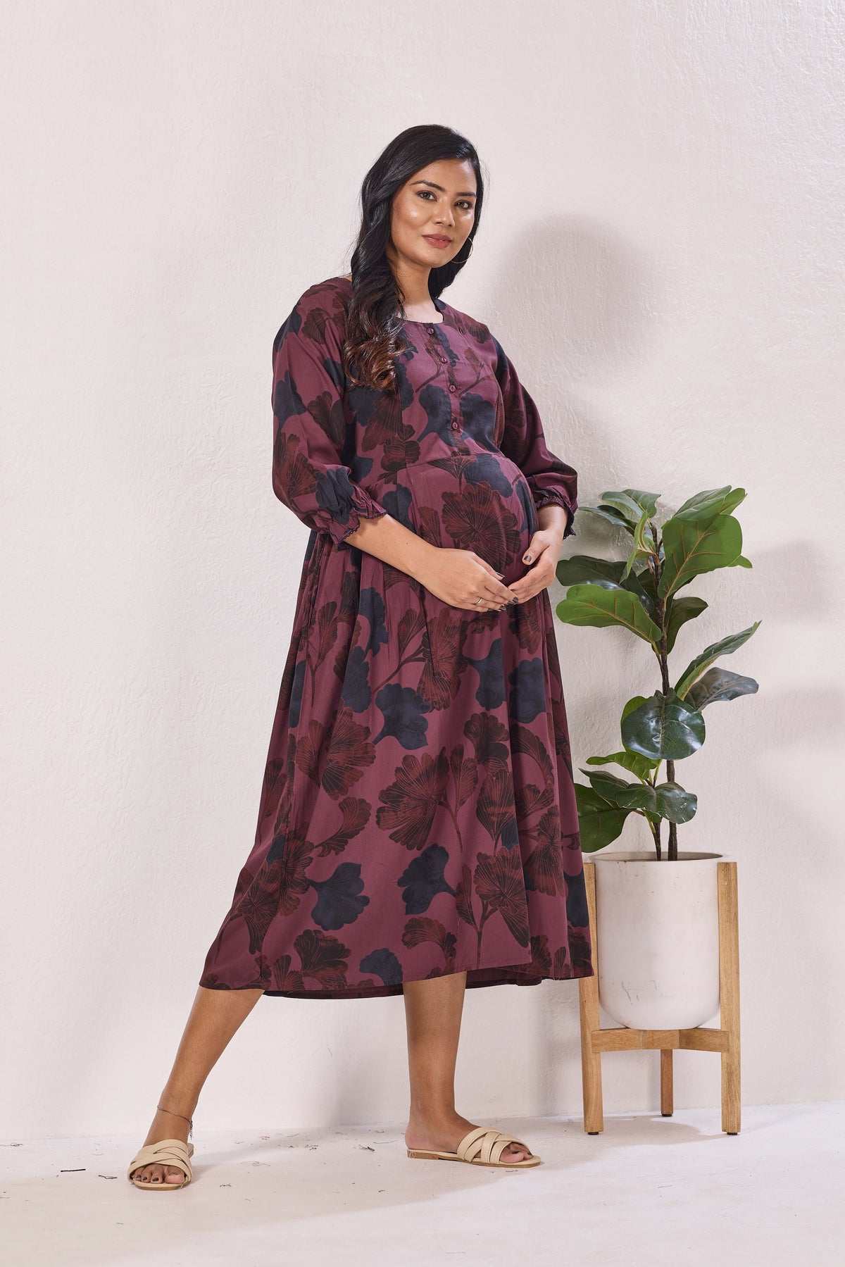 Maternity Arrivals Fancy Mom's Feeding Casual Maxi Wear | Long Elastic Frilled Sleeve | Vertical Feeding Zipper | Comports as Feeding Friendly & Casual wear Rayon MAXI Maternity Frock (ERM)
