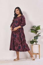 Maternity Arrivals Fancy Mom's Feeding Casual Maxi Wear | Long Elastic Frilled Sleeve | Vertical Feeding Zipper | Comports as Feeding Friendly & Casual wear Rayon MAXI Maternity Frock (ERM)