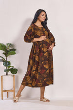 Maternity Arrivals Fancy Mom's Feeding Casual Maxi Wear | Long Elastic Frilled Sleeve | Vertical Feeding Zipper | Comports as Feeding Friendly & Casual wear Rayon MAXI Maternity Frock (ERM)