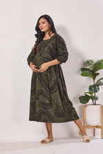 Maternity Arrivals Fancy Mom's Feeding Casual Maxi Wear | Long Elastic Frilled Sleeve | Vertical Feeding Zipper | Comports as Feeding Friendly & Casual wear Rayon MAXI Maternity Frock (ERM)