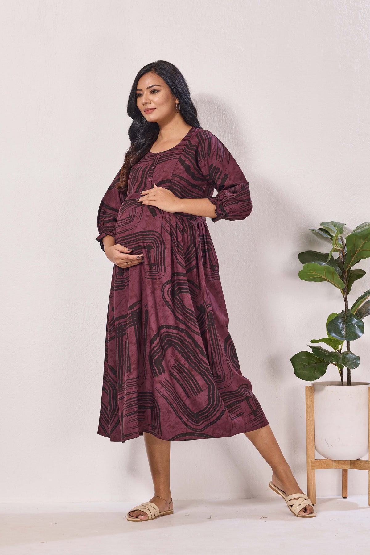 Maternity Arrivals Fancy Mom's Feeding Casual Maxi Wear | Long Elastic Frilled Sleeve | Vertical Feeding Zipper | Comports as Feeding Friendly & Casual wear Rayon MAXI Maternity Frock (ERM)