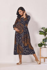 Maternity Arrivals Fancy Mom's Feeding Casual Maxi Wear | Long Elastic Frilled Sleeve | Vertical Feeding Zipper | Comports as Feeding Friendly & Casual wear Rayon MAXI Maternity Frock (ERM)