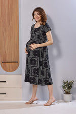 Navy Blue Ethnic Print Rayon Maternity Maxi Dress for Women | Feeding Zip Nursing Wear with Side Pocket | Adjustable Back Tie Pregnancy & Casual Wear (FIO-M