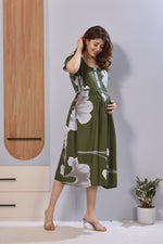 Olive Green Floral Print Rayon Maternity Maxi Dress for Women | Feeding Zip Nursing Wear with Side Pocket | Adjustable Tie Pregnancy & Casual Wear (FIO-M)