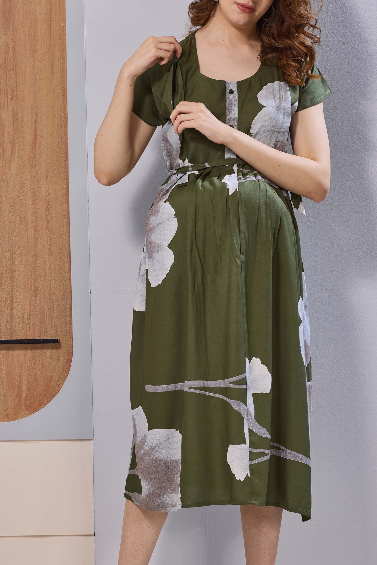 Olive Green Floral Print Rayon Maternity Maxi Dress for Women | Feeding Zip Nursing Wear with Side Pocket | Adjustable Tie Pregnancy & Casual Wear (FIO-M)