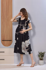 Olive Green Floral Print Rayon Maternity Maxi Dress for Women | Feeding Zip Nursing Wear with Side Pocket | Adjustable Tie Pregnancy & Casual Wear (FIO-M)